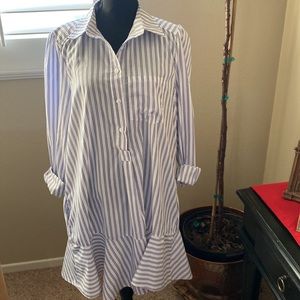 Tuckernuck Callahan White and Blue Ruffled Long Sleeve Shirt Dress